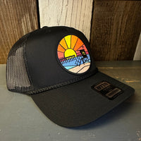 Hermosa Beach OBLIGATORY SUNSET 5 Panel Mid Profile Mesh Back Trucker Hat - Black