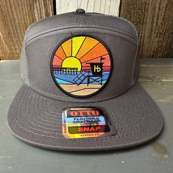 Hermosa Beach OBLIGATORY SUNSET 7 Panel Mid Profile TruckerSnapback Hat - Charcoal Grey