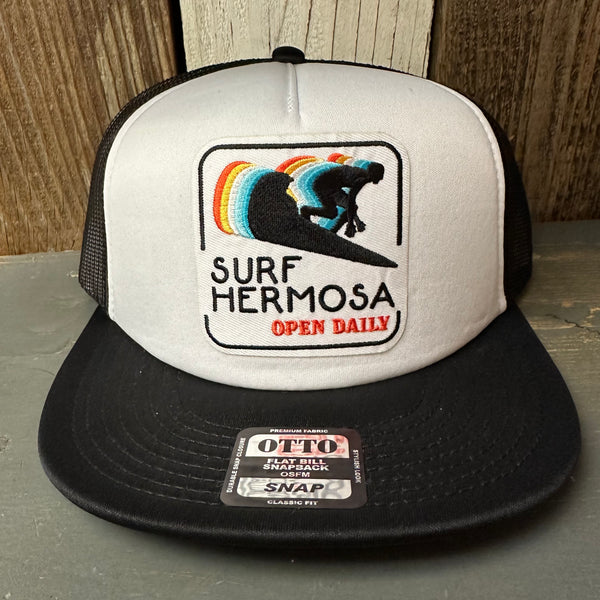 Hermosa Beach SURF HERMOSA :: OPEN DAILY Trucker Hat - Black/White (Flat Brim)