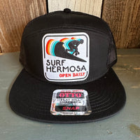 Hermosa Beach SURF HERMOSA :: OPEN DAILY 7 Panel Mid Profile Trucker Snapback Hat - Black