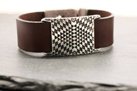 Wide Leather and Silver Psychedelic Bracelet: 8 inches