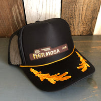 Hermosa Beach HERMOSA AVE 5 Panel High Crown Mesh Back Captain Trucker Hat- Black/Gold
