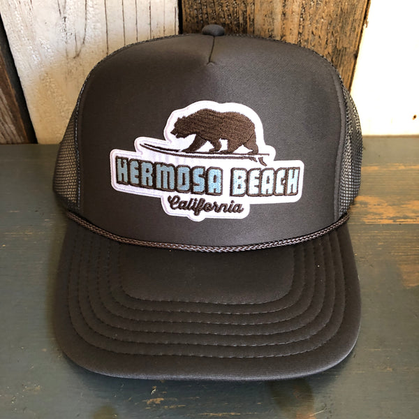 Hermosa Beach SURFING GRIZZLY BEAR High Crown Trucker Hat - Charcoal (Curved Brim)