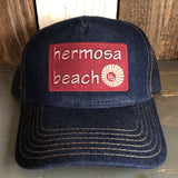 Hermosa Beach WELCOME SIGN Premium Denim Trucker Hat - Navy/Gold Stitching