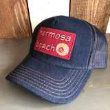 Hermosa Beach WELCOME SIGN Premium Denim Trucker Hat - Navy/Gold Stitching