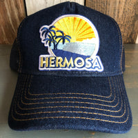 Hermosa Beach FIESTA Premium Denim Trucker Hat - Navy/Gold Stitching