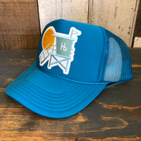Hermosa Beach LIFEGUARD TOWER Trucker Hat - Neon Blue