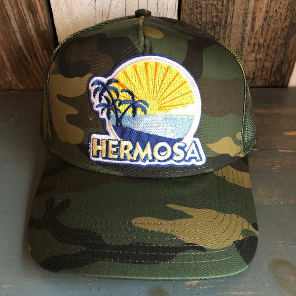 Hermosa Beach FIESTA Camouflage 5 Panel Mid Crown Mesh Back Snapback Trucker Hat - Dark Green/Brown