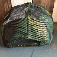 Hermosa Beach FIESTA Camouflage 5 Panel Mid Crown Mesh Back Snapback Trucker Hat - Dark Green/Brown