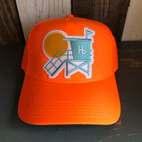 Hermosa Beach LIFEGUARD TOWER - 5 Panel Mid Profile Mesh Back Trucker Hat - Neon Orange