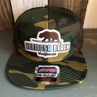 Hermosa Beach SUFING GRIZZLY BEAR Camouflage 6 Panel Mid Profile Mesh Back Snapback Trucker Hat - Dark Green/Brown/Dark Brown