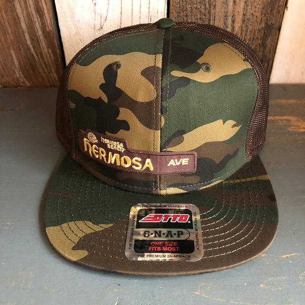 Hermosa Beach HERMOSA AVE Camouflage 6 Panel Mid Profile Mesh Back Snapback Trucker Hat - Dark Green/Brown/Dark Brown