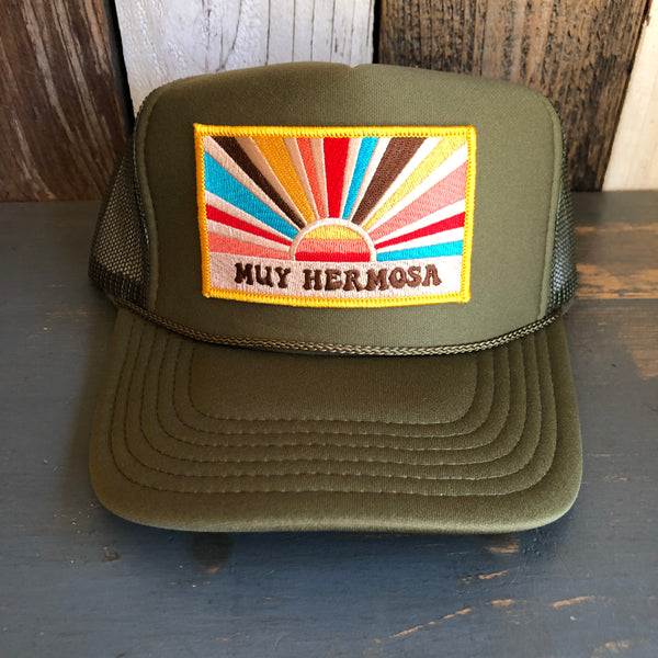 Hermosa Beach MUY HERMOSA High Crown Trucker Hat - Olive