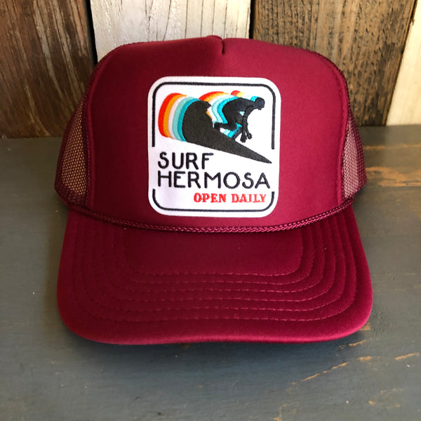 SURF HERMOSA :: OPEN DAILY High Crown Trucker Hat - Burgundy Maroon