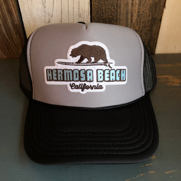 Hermosa Beach SURFING GRIZZLY BEAR Trucker Hat - Black/Grey/Black
