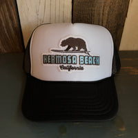 Hermosa Beach SURFING GRIZZLY BEAR Trucker Hat - Black/White/Black