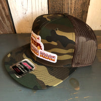 Hermosa Beach WOODIE Camouflage 6 Panel Mid Crown Mesh Back Snapback Trucker Hat - Dark Green/Brown