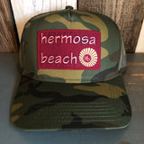 Hermosa Beach WELCOME SIGN Camouflage 5 Panel Mid Crown Mesh Back Snapback Trucker Hat - Dark Green/Brown