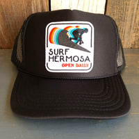 SURF HERMOSA :: OPEN DAILY High Crown Trucker Hat - Black (Curved Brim)