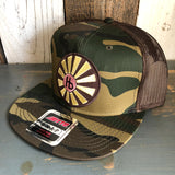Hermosa Beach SUNBEAMS Camouflage 6 Panel Mid Crown Mesh Back Snapback Trucker Hat - Dark Green/Brown