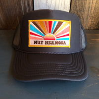 Hermosa Beach MUY HERMOSA High Crown Trucker Hat - Charcoal (Curved Brim)