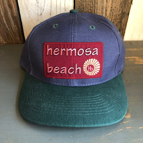 Hermosa Beach WELCOME SIGN - 6 Panel Low Profile Baseball Cap with Adjustable Strap with Press Buckle - Navy/Dark Green