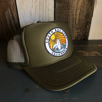Hermosa Beach SOUTH BAY SURF (Multi Colored Patch) High Crown Trucker Hat - Olive