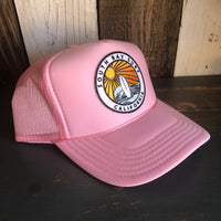 Hermosa Beach SOUTH BAY SURF (Multi Colored Patch) High Crown Trucker Hat - Pink