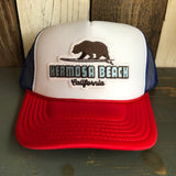 Hermosa Beach SURFING GRIZZLY BEAR Trucker Hat - Red/White/Royal Blue