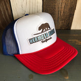 Hermosa Beach SURFING GRIZZLY BEAR Trucker Hat - Red/White/Royal Blue