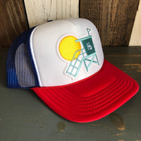 Hermosa Beach LIFEGUARD TOWER Trucker Hat - Red/White/Royal Blue