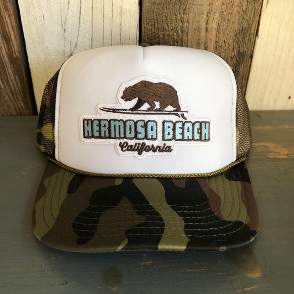 Hermosa Beach SURFING GRIZZLY BEAR Trucker Hat - CAMOUFLAGE Khaki/Brown/Light Olive/White Green/White