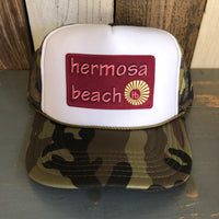 Hermosa Beach WELCOME SIGN Trucker Hat - CAMOUFLAGE Khaki/Brown/Light Olive/White Green/White