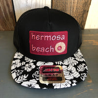 Hermosa Beach WELCOME SIGN Black Panel/Hawaiian Pattern Visor - 5 Panel Mid Profile Snapback Hat - Mauka