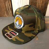 SOUTH BAY SURF (Multi Colored Patch) Camouflage 6 Pad Profile Mesh Back Snapback Trucker Hat - Dark Green/Brown/Camo Mesh