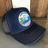Hermosa Beach SHOREFRONT Premium Denim Trucker Hat - Navy/Gold Stitching