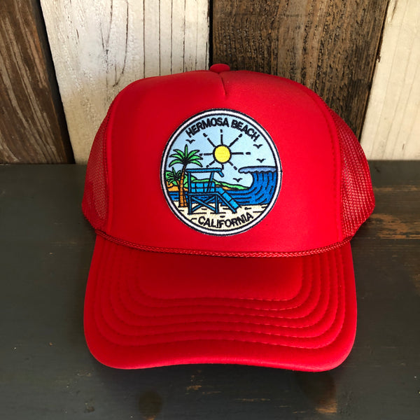 Hermosa Beach SHOREFRONT High Crown Trucker Hat - Red (Curved Brim)