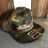 Hermosa Beach HERMOSA AVE (Multi Colored Patch) Camouflage 6 Pad Profile Mesh Back Snapback Trucker Hat - Dark Green/Brown/Camo Mesh
