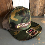 Hermosa Beach HERMOSA AVE (Multi Colored Patch) Camouflage 6 Pad Profile Mesh Back Snapback Trucker Hat - Dark Green/Brown/Camo Mesh