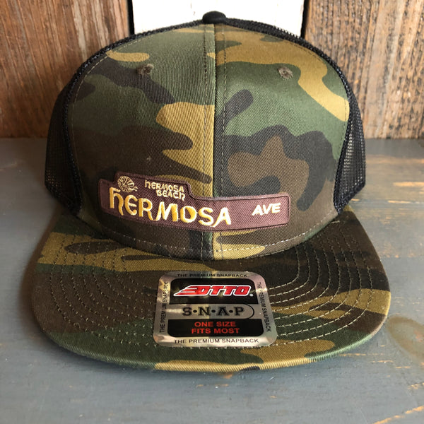 Hermosa Beach HERMOSA AVE Camouflage 6 Panel Mid Profile Mesh Back Snapback Trucker Hat - Dark Green/Brown/Black