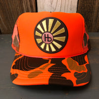 Hermosa Beach SUNBEAMS High Crown Trucker Hat - Neon Orange Hunters Camo