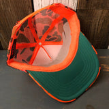 Hermosa Beach SOUTH BAY SURF (Multi Colored Patch) High Crown Trucker Hat - Neon Orange Hunters Camo