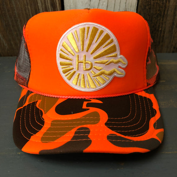 Hermosa Beach CLASSIC LOGO High Crown Trucker Hat - Neon Orange Hunters Camo
