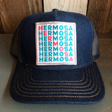 Hermosa Beach OCEAN DRIVE Premium Denim Trucker Hat - Navy/Gold Stitching