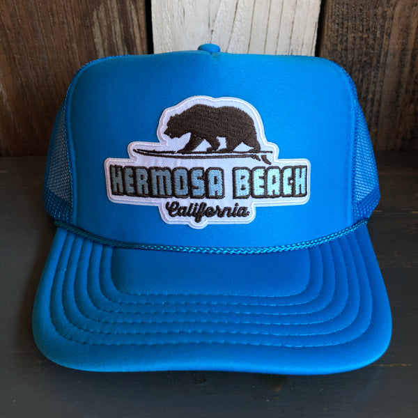 Hermosa Beach SURFING GRIZZLY BEAR Trucker Hat - Neon Blue