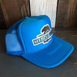 Hermosa Beach SURFING GRIZZLY BEAR Trucker Hat - Neon Blue