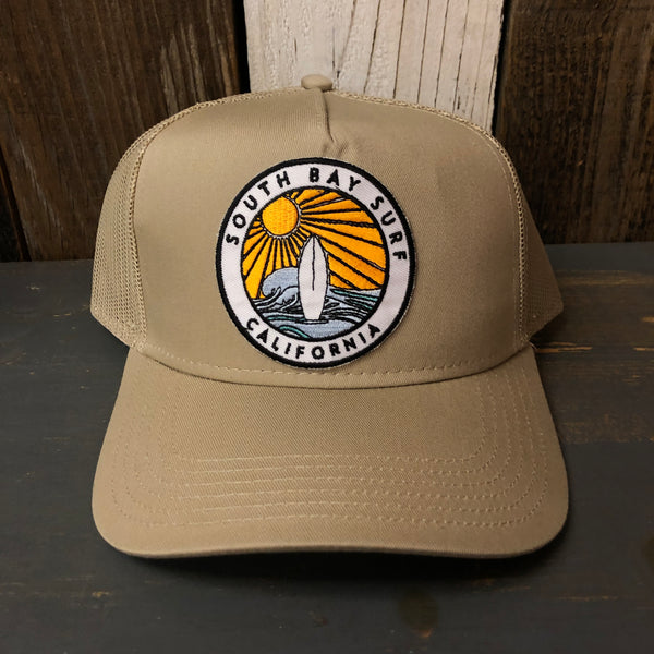SOUTH BAY SURF (Multi Colored Patch) - 5 Panel Mid Profile Mesh Back Trucker Hat - Khaki