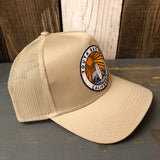 SOUTH BAY SURF (Multi Colored Patch) - 5 Panel Mid Profile Mesh Back Trucker Hat - Khaki