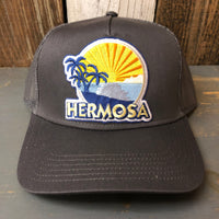 Hermosa Beach FIESTA - 5 Panel Mid Profile Mesh Back Trucker Hat - Charcoal Grey
