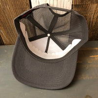 SURF HERMOSA :: OPEN DAILY - 5 Panel Mid Profile Mesh Back Trucker Hat - Charcoal Grey